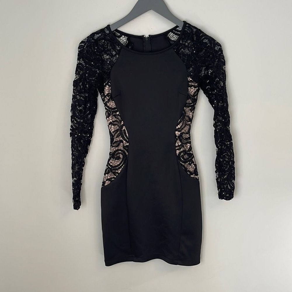 BCX Women's Bodycon Dress Mini Long Sleeve Lace Sequin Sheath Black Size 1